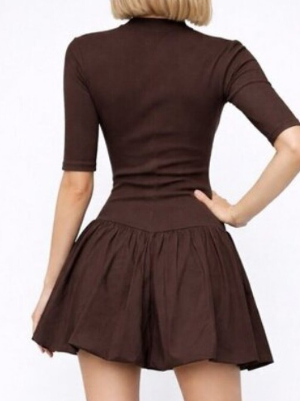 Zara Chocolate Brown Ribbed Ruffle Mini Dress - Picture 2 of 6